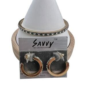 Swarovski Savvy Vintage Gold Tone Hoop Earrings & Bangle Bracelet Set Crystals